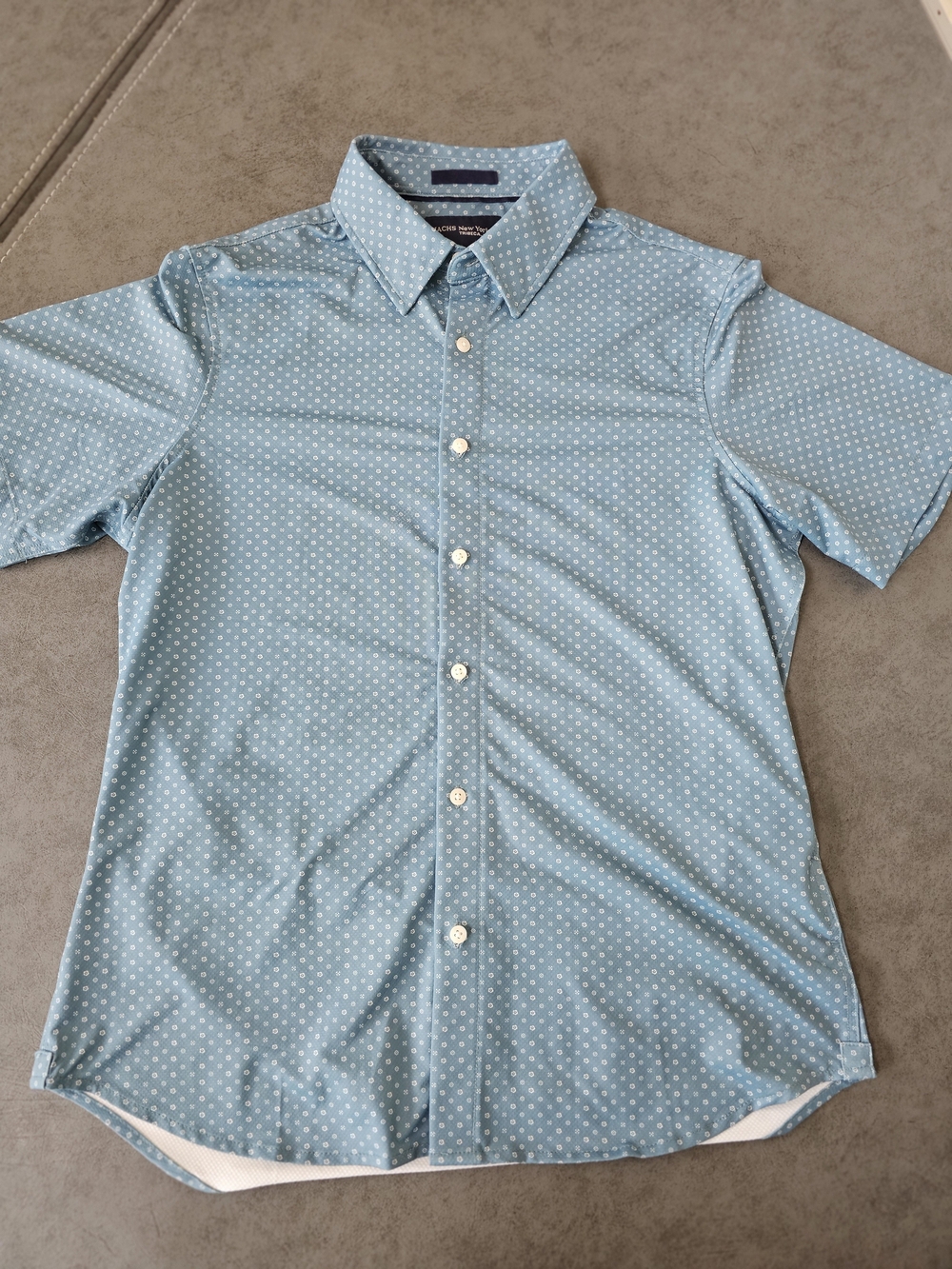 Men's Short-Sleeve Light Blue Dot Button-Down Shirt Medium